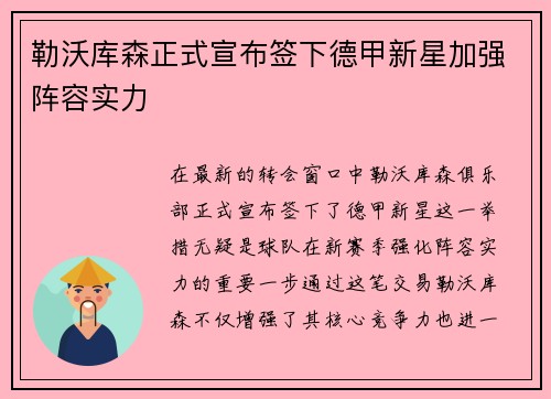 勒沃库森正式宣布签下德甲新星加强阵容实力